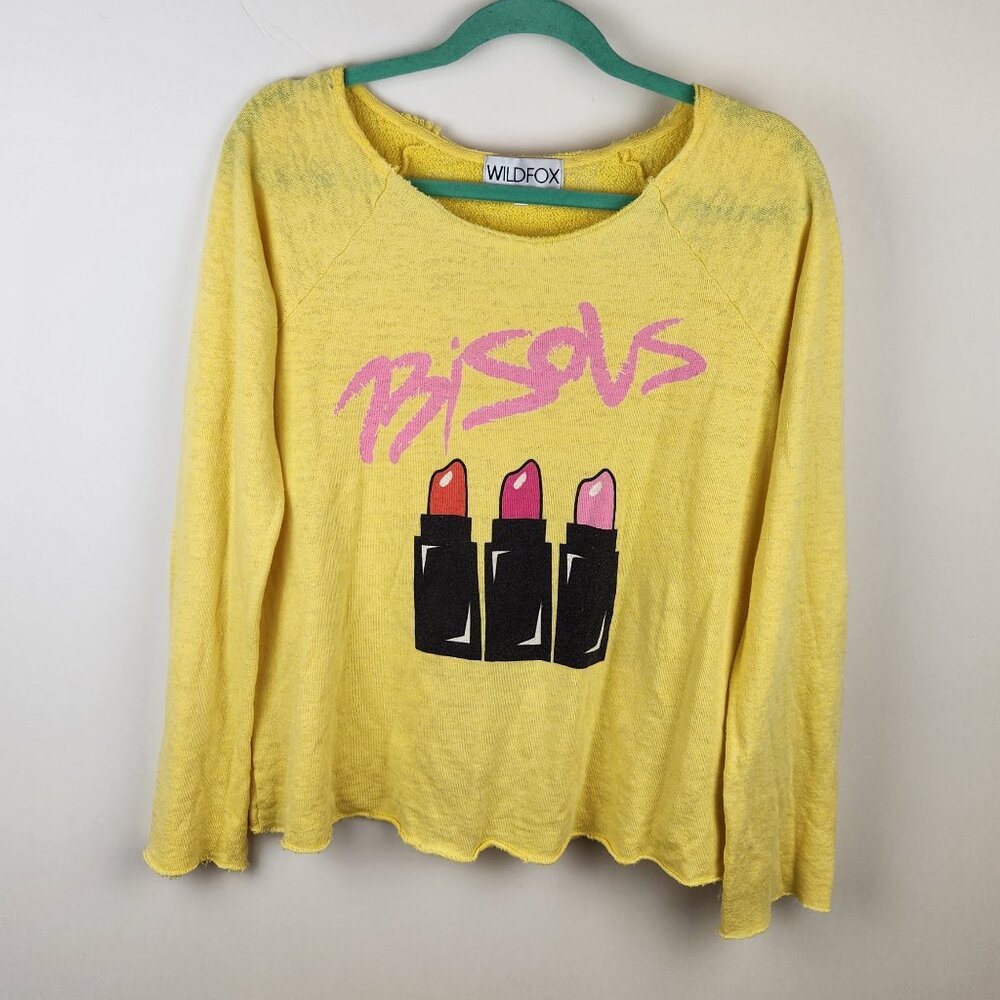 Wildfox Bisous Kisses Lipstick Slouchy Distressed Raglan Sleeve Sweatshirt XS